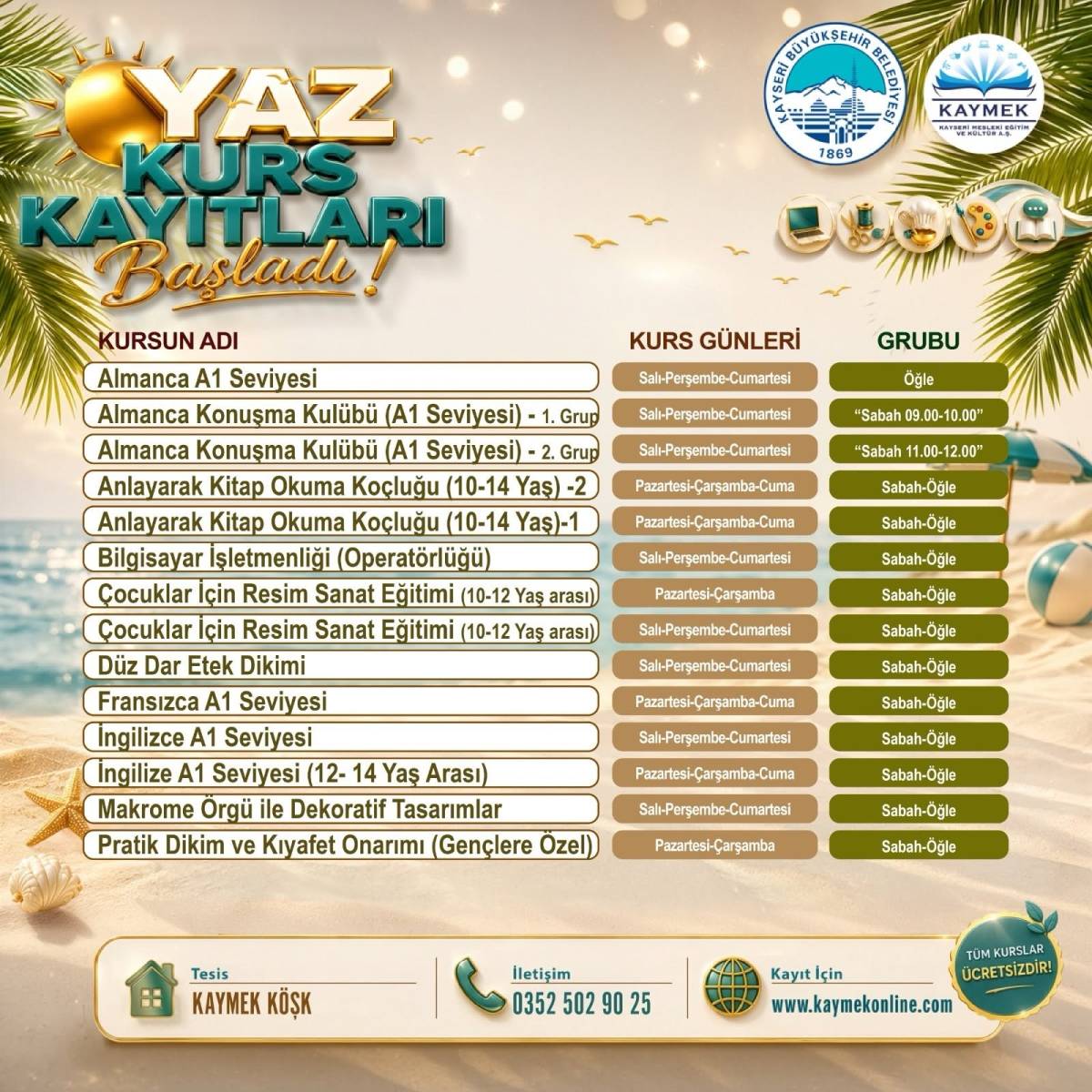 KAYMEK SANAT VE MESLEKİ EĞİTİMİ YAZ DÖNEMİ KURS KAYITLARI BAŞLADI
